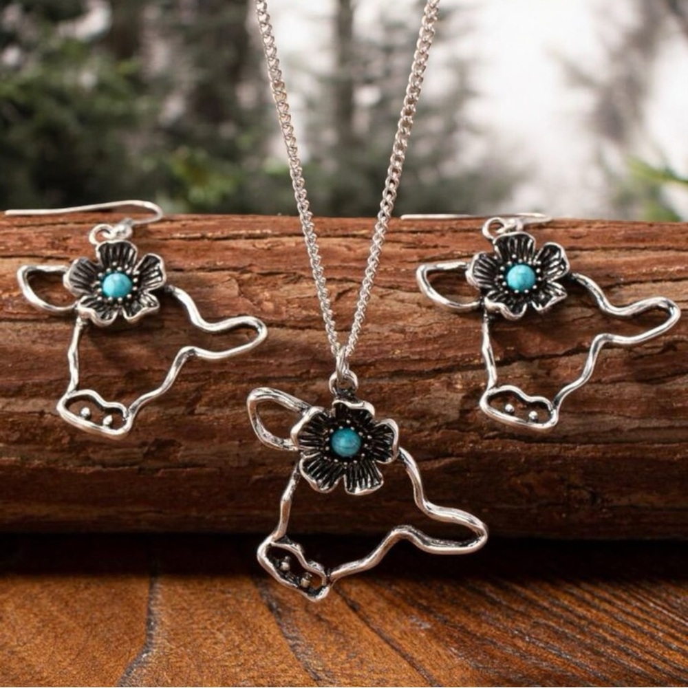 Set 3 Pcs Blue Turquoise Stone Decor Highland Cow Cattle Head Necklace Earrings